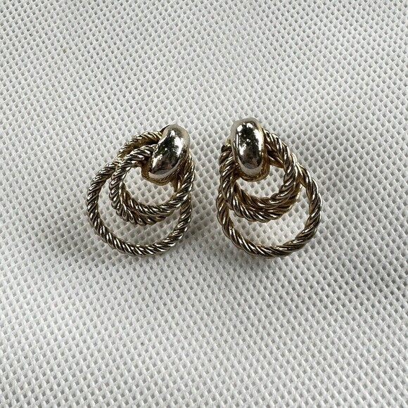 Vintage Earrings Pierced Twist Knot Gold Tone Metal Rope  Door Knocker Unsigned - Picture 1 of 11